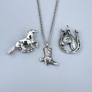 Western Jewelry Lot Necklace Avon Cowboy Boot Horseshoe Mustang Brooch Silver